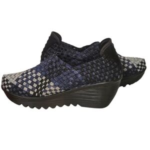 Bernie Mev Woven Black Blue Silver Metallic Gem Slip-on Platform Wedge Size 38 7